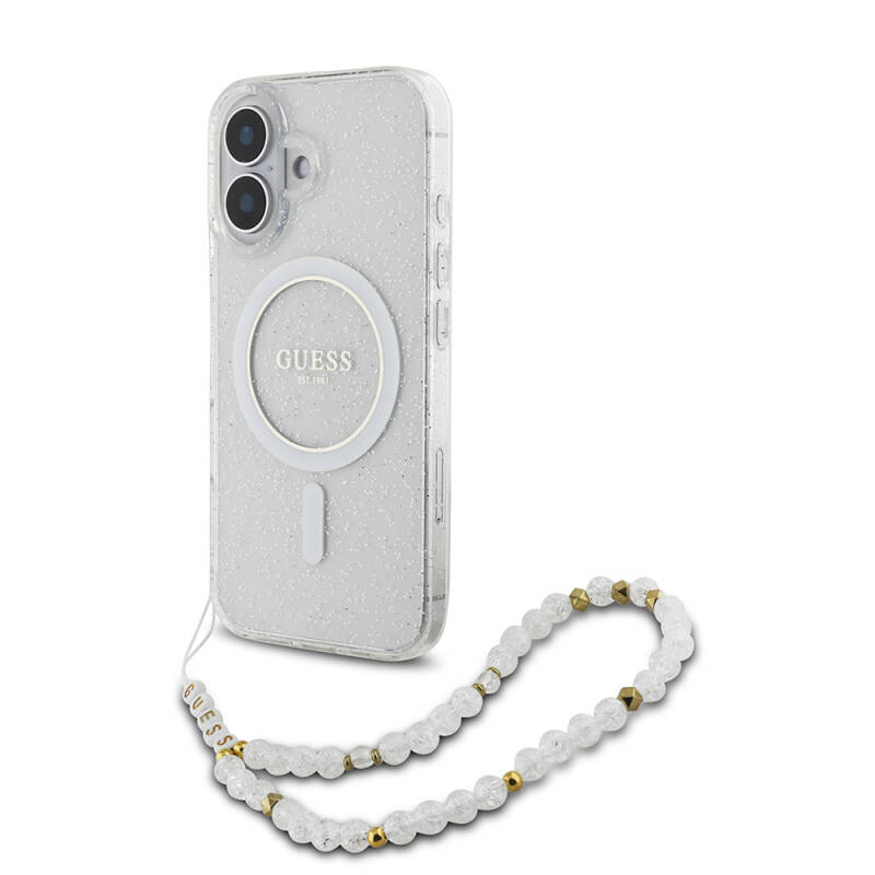 Apple iPhone 16 Case Guess Original Licensed Magsafe Charging Featured Silvery Silicone Pearl Bracelet Cover-33661 - 2