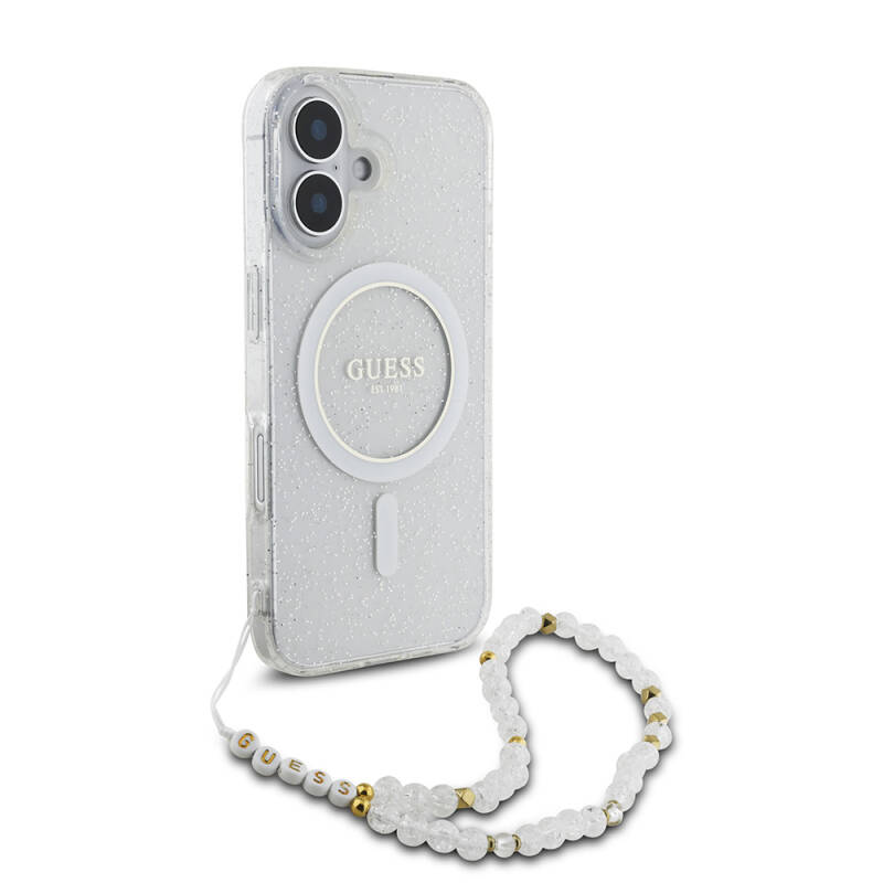 Apple iPhone 16 Case Guess Original Licensed Magsafe Charging Featured Silvery Silicone Pearl Bracelet Cover-33661 - 3