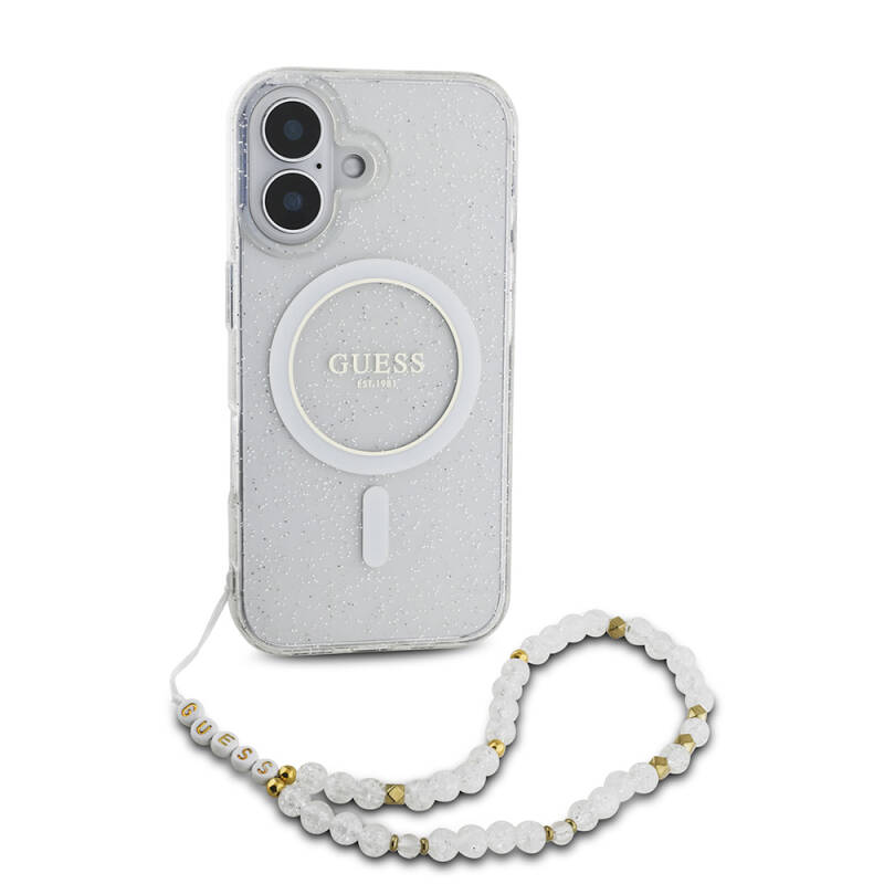 Apple iPhone 16 Case Guess Original Licensed Magsafe Charging Featured Silvery Silicone Pearl Bracelet Cover-33661 - 4