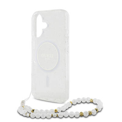 Apple iPhone 16 Case Guess Original Licensed Magsafe Charging Featured Silvery Silicone Pearl Bracelet Cover-33661 - 6