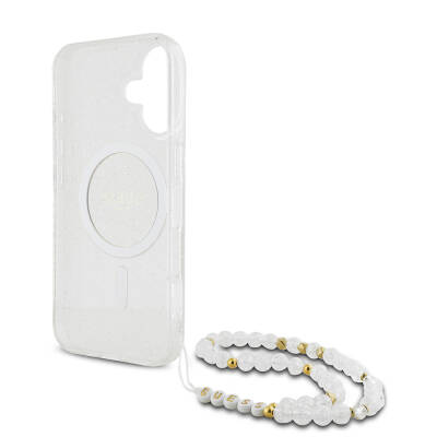 Apple iPhone 16 Case Guess Original Licensed Magsafe Charging Featured Silvery Silicone Pearl Bracelet Cover-33661 - 7