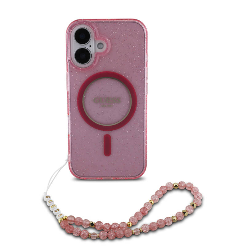 Apple iPhone 16 Case Guess Original Licensed Magsafe Charging Featured Silvery Silicone Pearl Bracelet Cover-33661 - 9