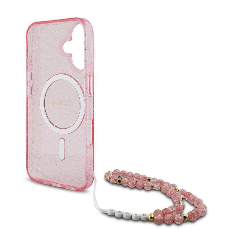 Apple iPhone 16 Case Guess Original Licensed Magsafe Charging Featured Silvery Silicone Pearl Bracelet Cover-33661 - 16