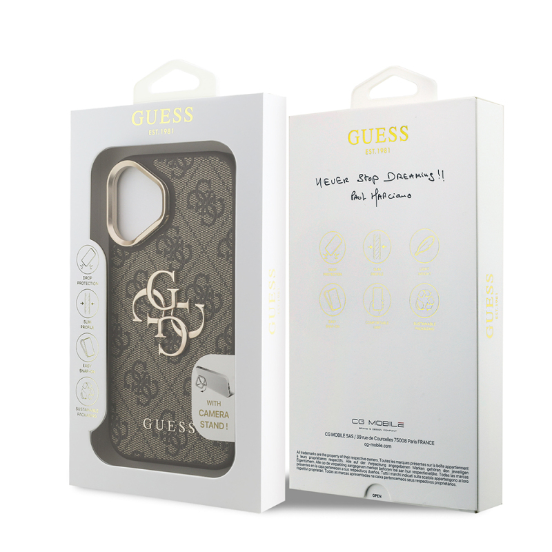 Apple iPhone 16 Case Guess Original Licensed PU Leather 4G Patterned Metal Big 4G and Text Logo Camera Stand Cover - 19