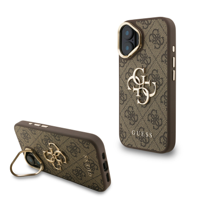 Apple iPhone 16 Case Guess Original Licensed PU Leather 4G Patterned Metal Big 4G and Text Logo Camera Stand Cover - 3