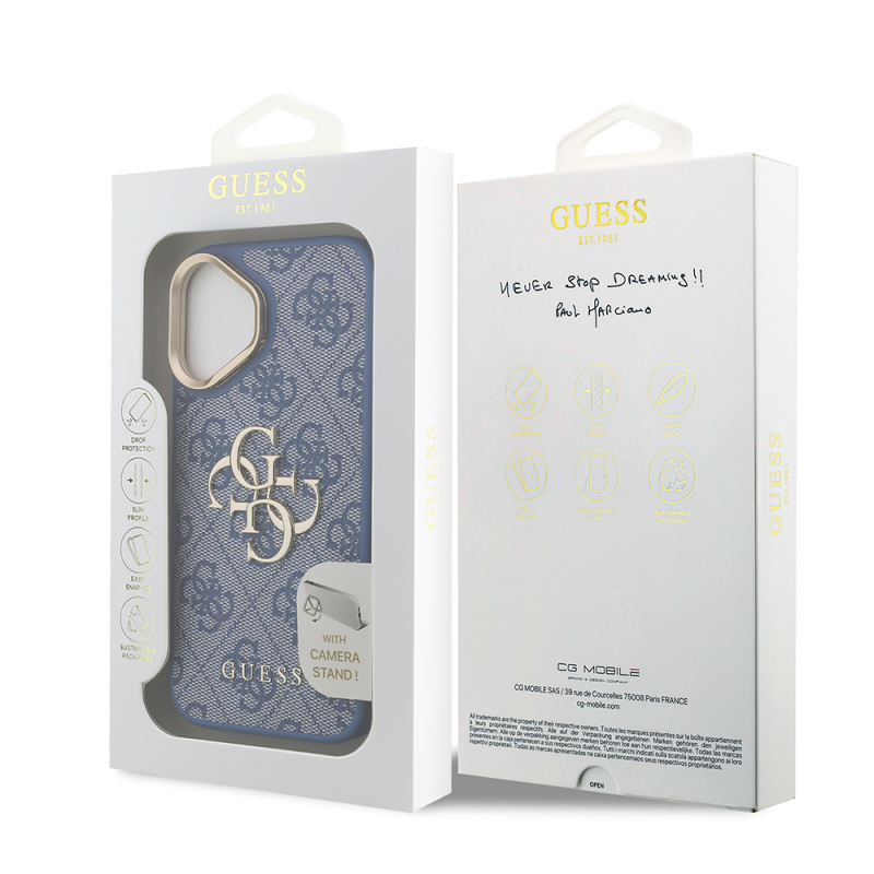 Apple iPhone 16 Case Guess Original Licensed PU Leather 4G Patterned Metal Big 4G and Text Logo Camera Stand Cover - 26