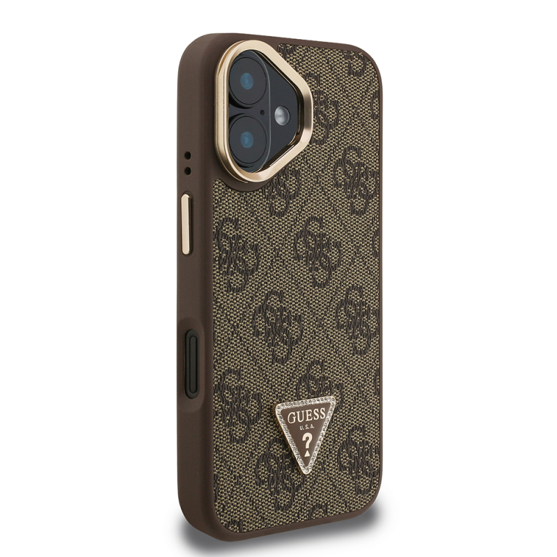Apple iPhone 16 Case Guess Original Licensed PU Leather Stone Triangle Logo 4G Patterned Camera Stand Cover - 5