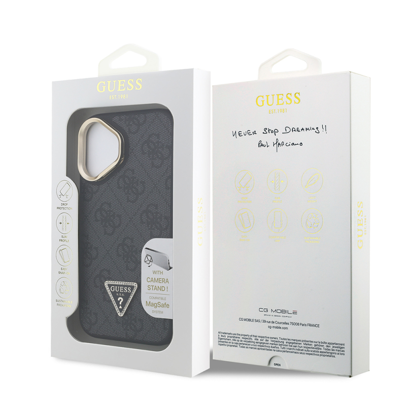 Apple iPhone 16 Case Guess Original Licensed PU Leather Stone Triangle Logo 4G Patterned Camera Stand Cover - 18