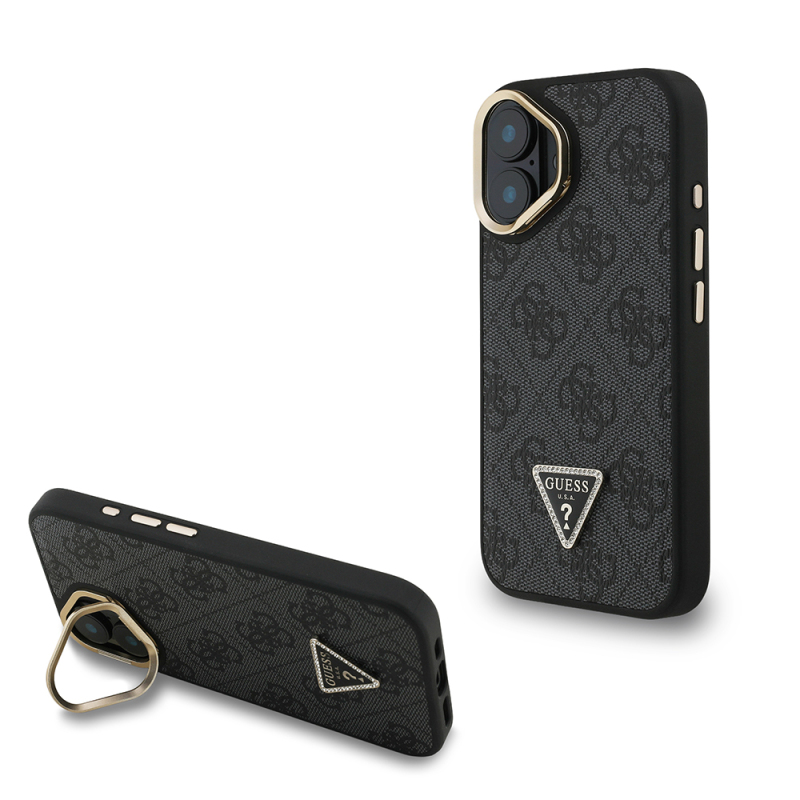 Apple iPhone 16 Case Guess Original Licensed PU Leather Stone Triangle Logo 4G Patterned Camera Stand Cover - 3
