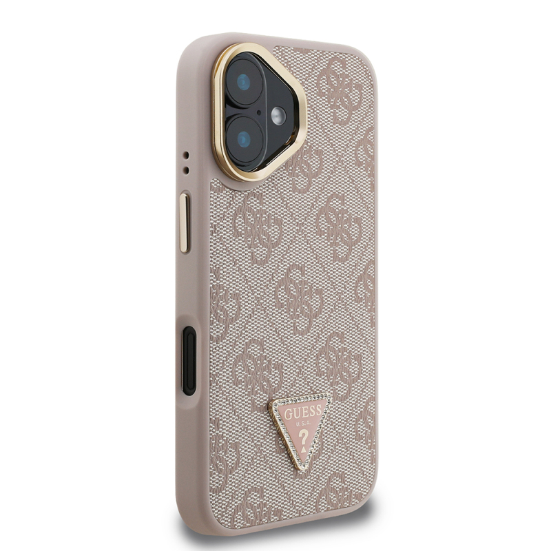 Apple iPhone 16 Case Guess Original Licensed PU Leather Stone Triangle Logo 4G Patterned Camera Stand Cover - 21
