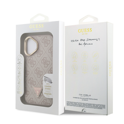 Apple iPhone 16 Case Guess Original Licensed PU Leather Stone Triangle Logo 4G Patterned Camera Stand Cover - 25