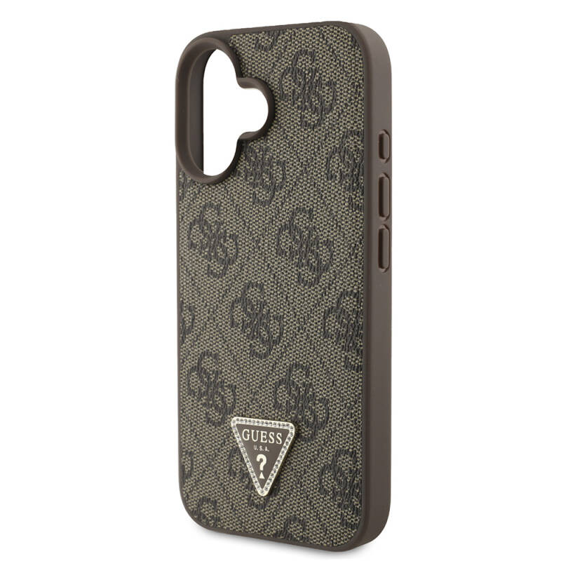 Apple iPhone 16 Case Guess Original Licensed PU Leather Stoned Metal Triangle Logo Cross Body Strap 4G Patterned Cover - 17