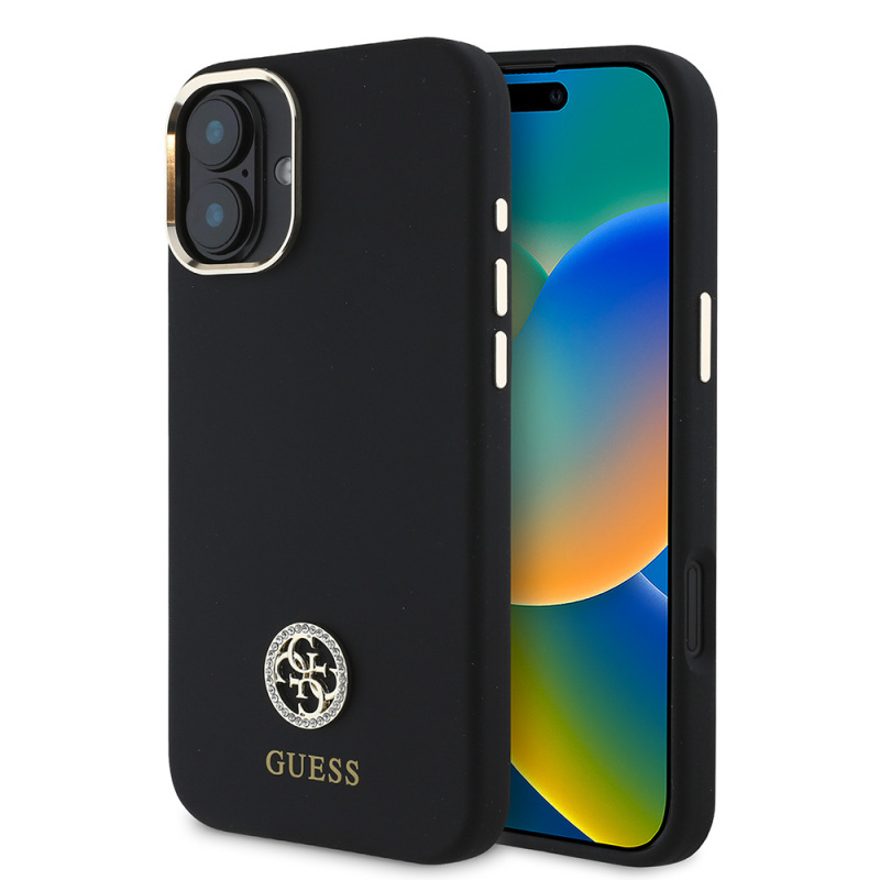 Apple iPhone 16 Case Guess Original Licensed Text and Stoned 4G Logo Silicone Cover Metal Camera Frame - 1