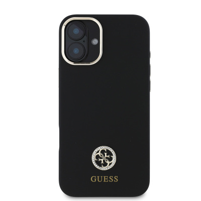 Apple iPhone 16 Case Guess Original Licensed Text and Stoned 4G Logo Silicone Cover Metal Camera Frame - 4