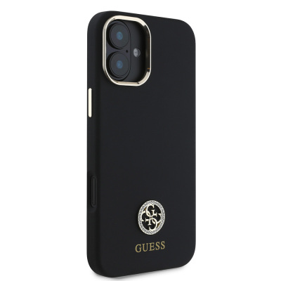 Apple iPhone 16 Case Guess Original Licensed Text and Stoned 4G Logo Silicone Cover Metal Camera Frame - 5