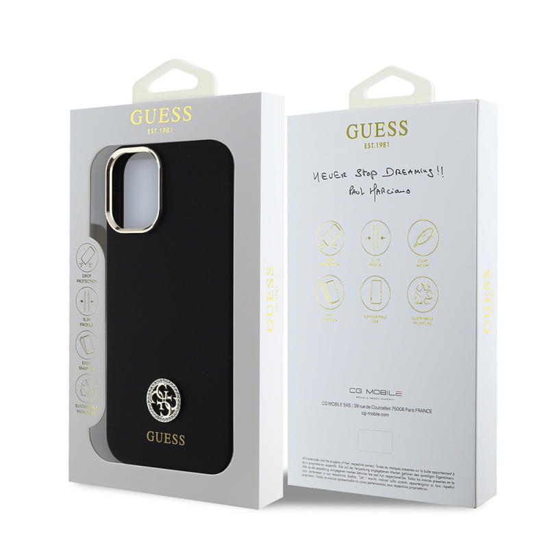 Apple iPhone 16 Case Guess Original Licensed Text and Stoned 4G Logo Silicone Cover Metal Camera Frame - 9