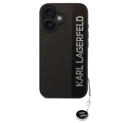 Apple iPhone 16 Case Karl Lagerfeld Original Licensed Keychain with Stone KL Written Saffiano Rhinestones Cover - 2