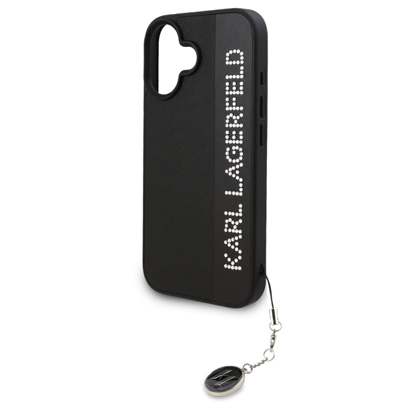 Apple iPhone 16 Case Karl Lagerfeld Original Licensed Keychain with Stone KL Written Saffiano Rhinestones Cover - 5