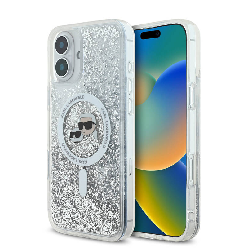 Apple iPhone 16 Case Karl Lagerfeld Original Licensed Magsafe Charging Featured Liquid Glitter K&C Heads Cover - 1