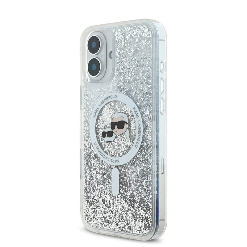 Apple iPhone 16 Case Karl Lagerfeld Original Licensed Magsafe Charging Featured Liquid Glitter K&C Heads Cover - 3