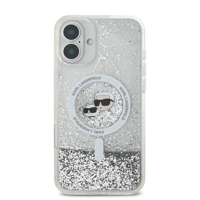 Apple iPhone 16 Case Karl Lagerfeld Original Licensed Magsafe Charging Featured Liquid Glitter K&C Heads Cover - 4