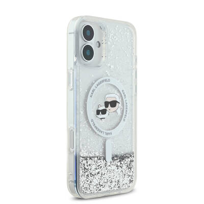 Apple iPhone 16 Case Karl Lagerfeld Original Licensed Magsafe Charging Featured Liquid Glitter K&C Heads Cover - 5