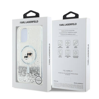 Apple iPhone 16 Case Karl Lagerfeld Original Licensed Magsafe Charging Featured Liquid Glitter K&C Heads Cover - 9