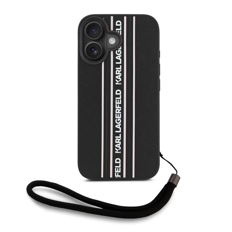 Apple iPhone 16 Case Karl Lagerfeld Original Licensed Strap Saffiano Athleisure Striped Cover - 2