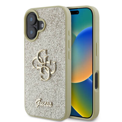 Apple iPhone 16 Case Large Metal Logo Guess Original Licensed 4G Glitter Cover - 2