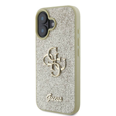 Apple iPhone 16 Case Large Metal Logo Guess Original Licensed 4G Glitter Cover - 18