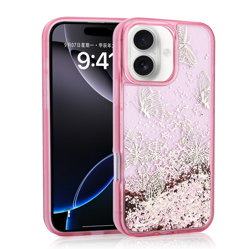 Apple iPhone 16 Case Liquid Glitter Butterfly Printed Transparent Back Surface Zore Glis Silicone Cover - 2
