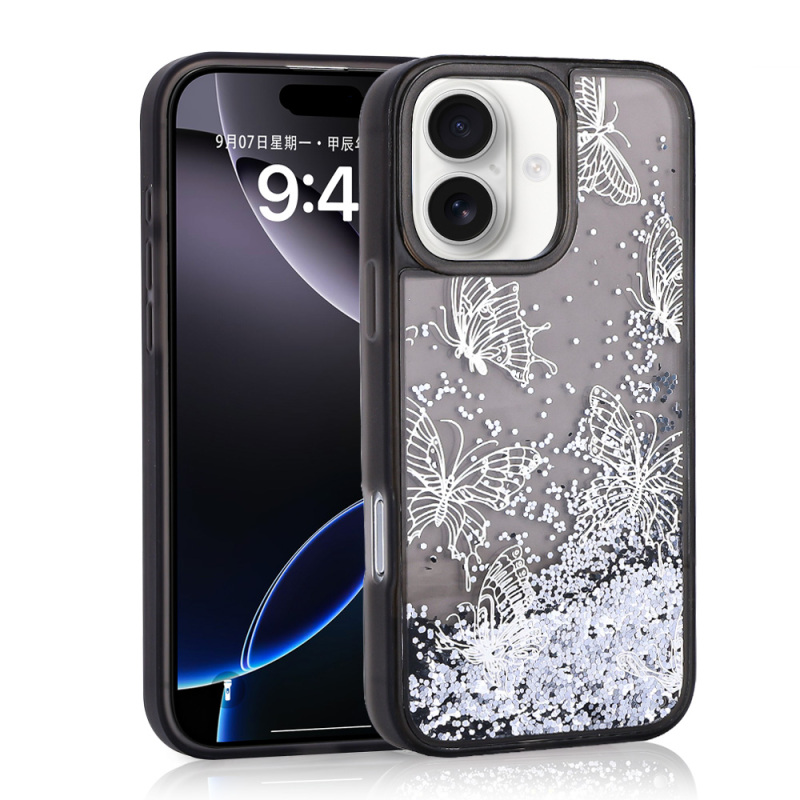 Apple iPhone 16 Case Liquid Glitter Butterfly Printed Transparent Back Surface Zore Glis Silicone Cover - 3