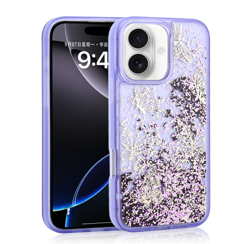 Apple iPhone 16 Case Liquid Glitter Butterfly Printed Transparent Back Surface Zore Glis Silicone Cover - 4