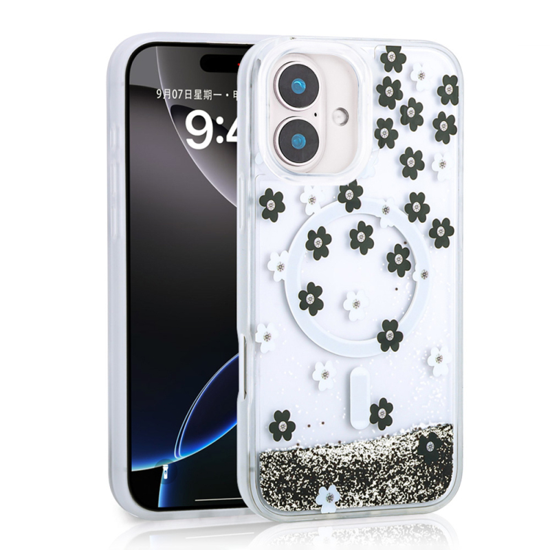 Apple iPhone 16 Case Liquid Glitter Printed Transparent Back Surface Zore Mossa Silicone Cover - 2