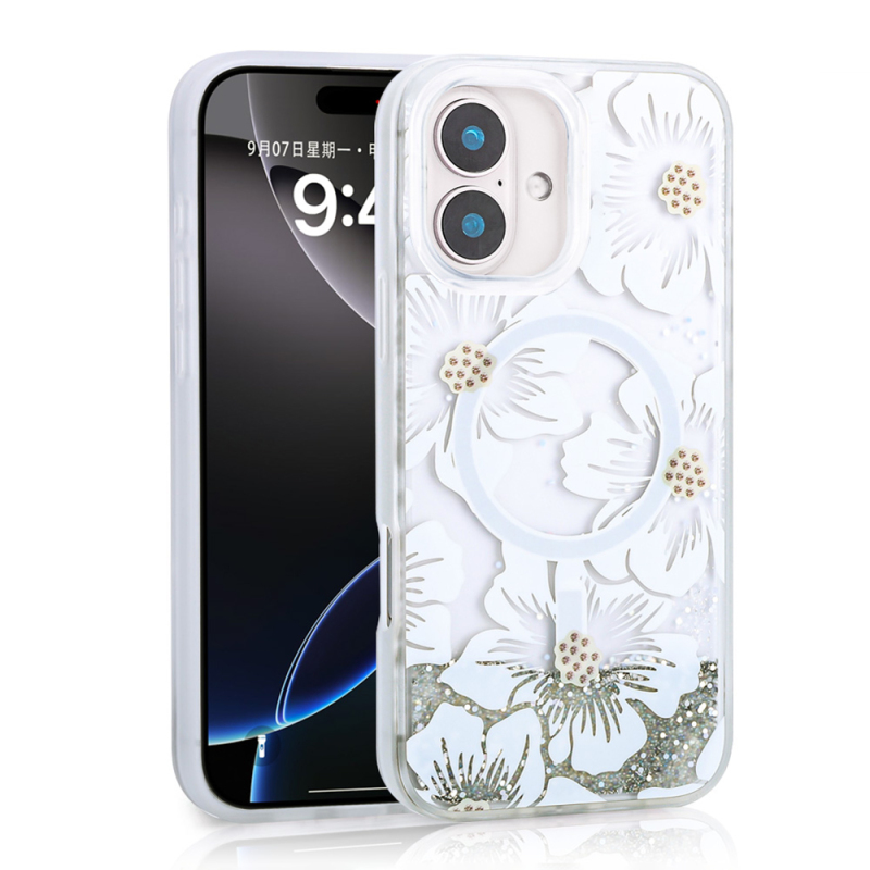 Apple iPhone 16 Case Liquid Glitter Printed Transparent Back Surface Zore Mossa Silicone Cover - 3