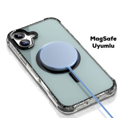 Apple iPhone 16 Case Magsafe Charging Featured Stone and Silvery Design Mutural Blink Cover - 3