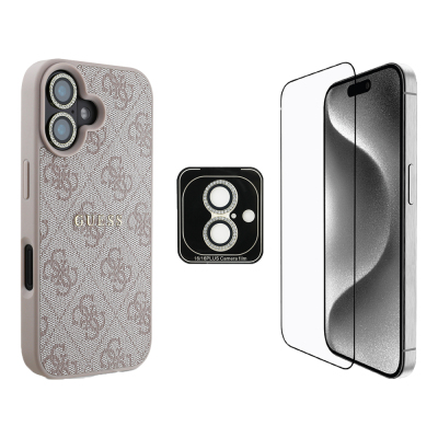 Apple iPhone 16 Guess Original Licensed Case + Screen Protector + Lens Protector 3in1 Accessory Set - 3