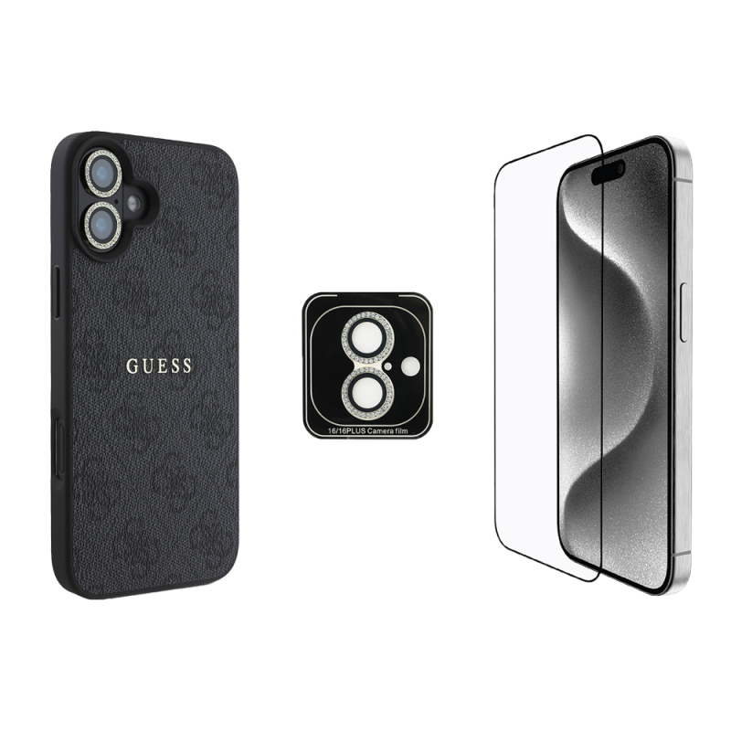 Apple iPhone 16 Guess Original Licensed Case + Screen Protector + Lens Protector 3in1 Accessory Set - 4