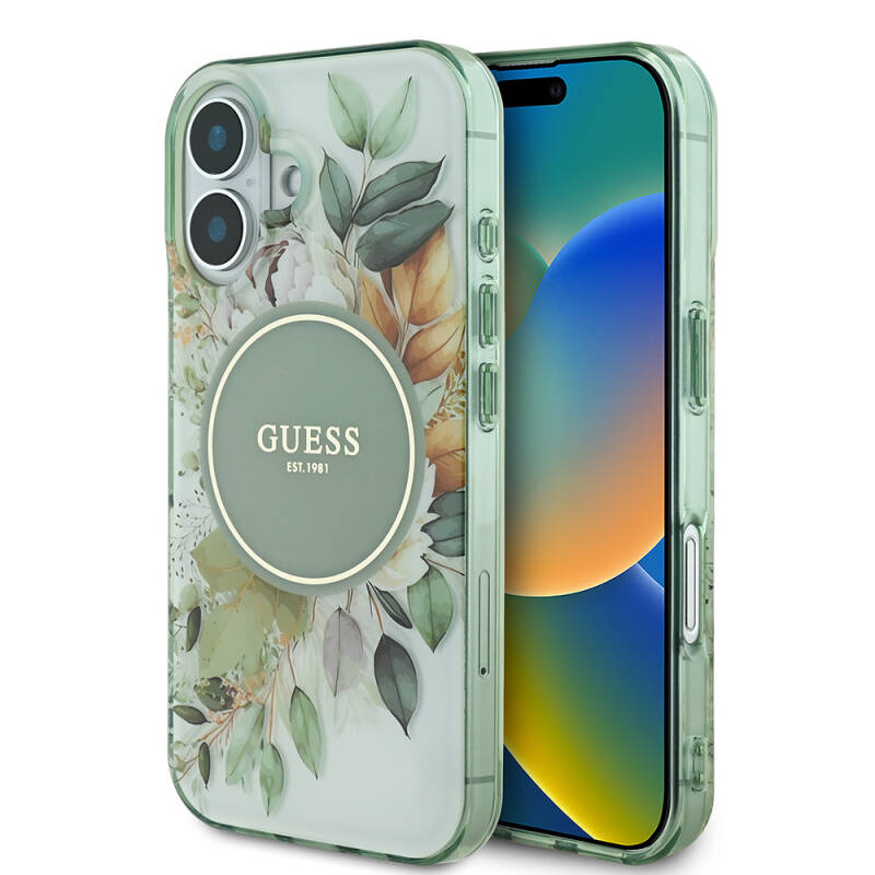 Apple iPhone 16 Guess Original Licensed Magsafe Charging Featured IML Printed Text Logo Flower Tonal Circle Cover - 1