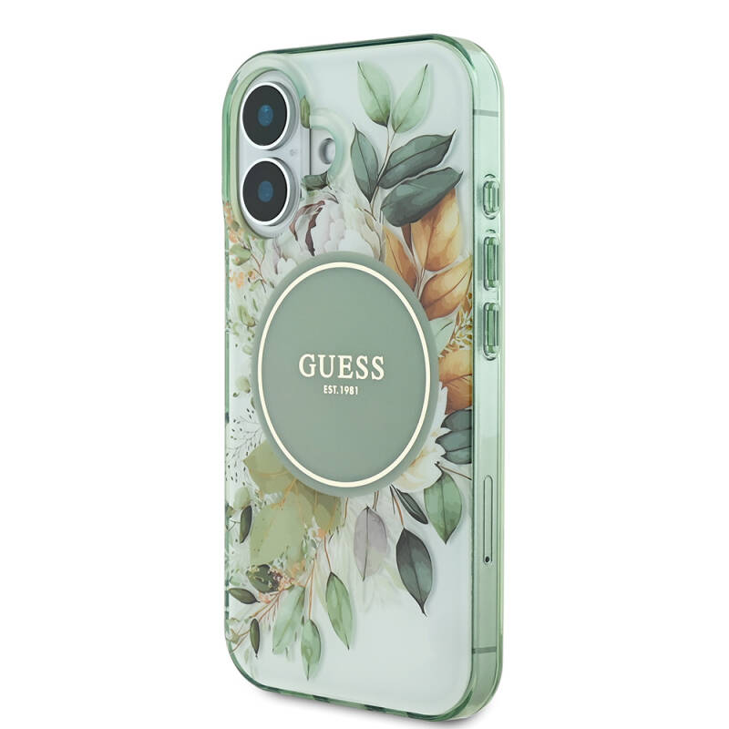 Apple iPhone 16 Guess Original Licensed Magsafe Charging Featured IML Printed Text Logo Flower Tonal Circle Cover - 3