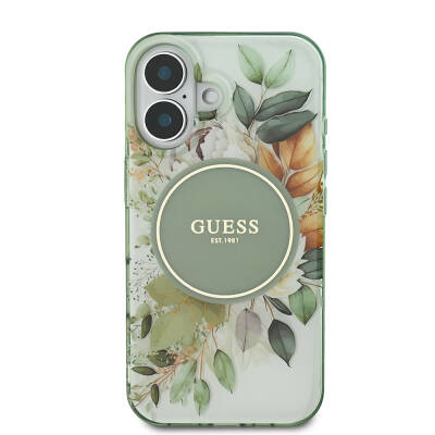 Apple iPhone 16 Guess Original Licensed Magsafe Charging Featured IML Printed Text Logo Flower Tonal Circle Cover - 4