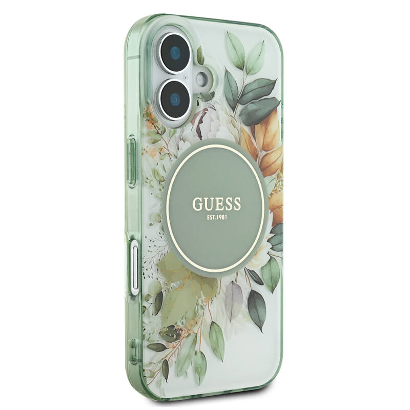 Apple iPhone 16 Guess Original Licensed Magsafe Charging Featured IML Printed Text Logo Flower Tonal Circle Cover - 5