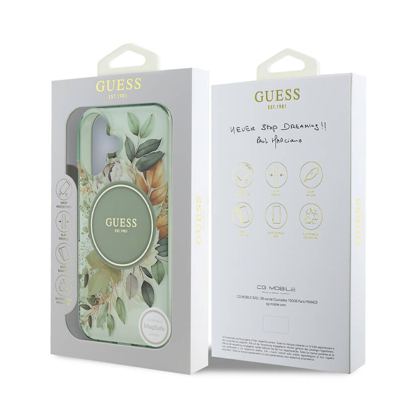 Apple iPhone 16 Guess Original Licensed Magsafe Charging Featured IML Printed Text Logo Flower Tonal Circle Cover - 9