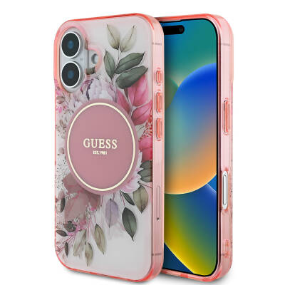 Apple iPhone 16 Guess Original Licensed Magsafe Charging Featured IML Printed Text Logo Flower Tonal Circle Cover - 10