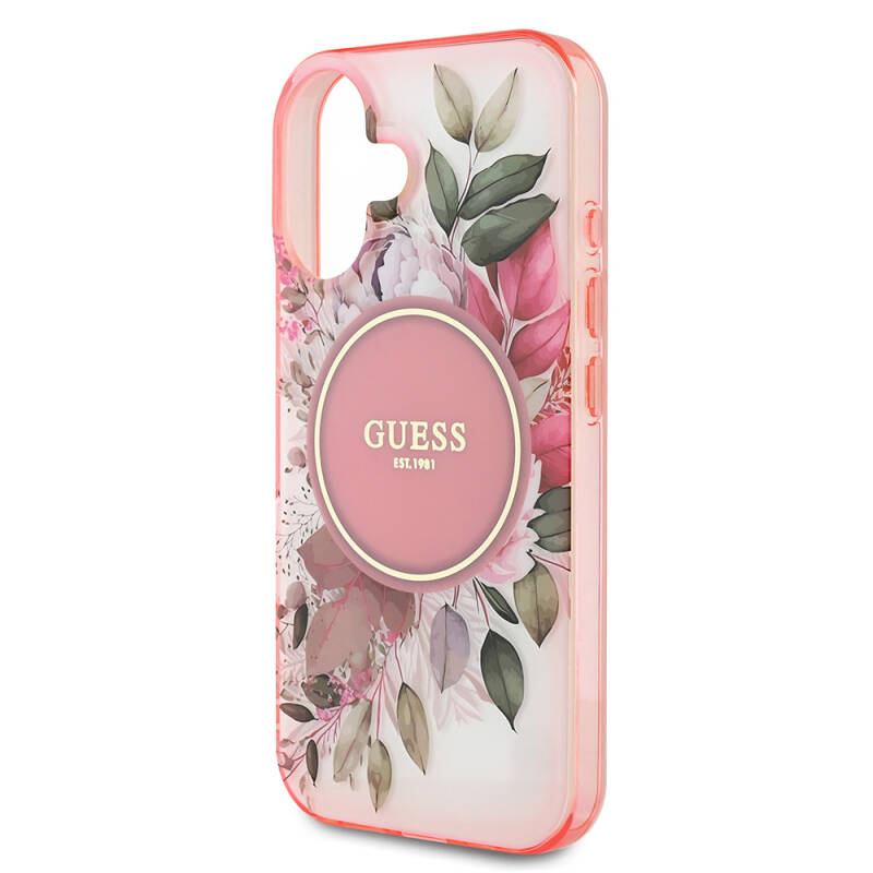 Apple iPhone 16 Guess Original Licensed Magsafe Charging Featured IML Printed Text Logo Flower Tonal Circle Cover - 15