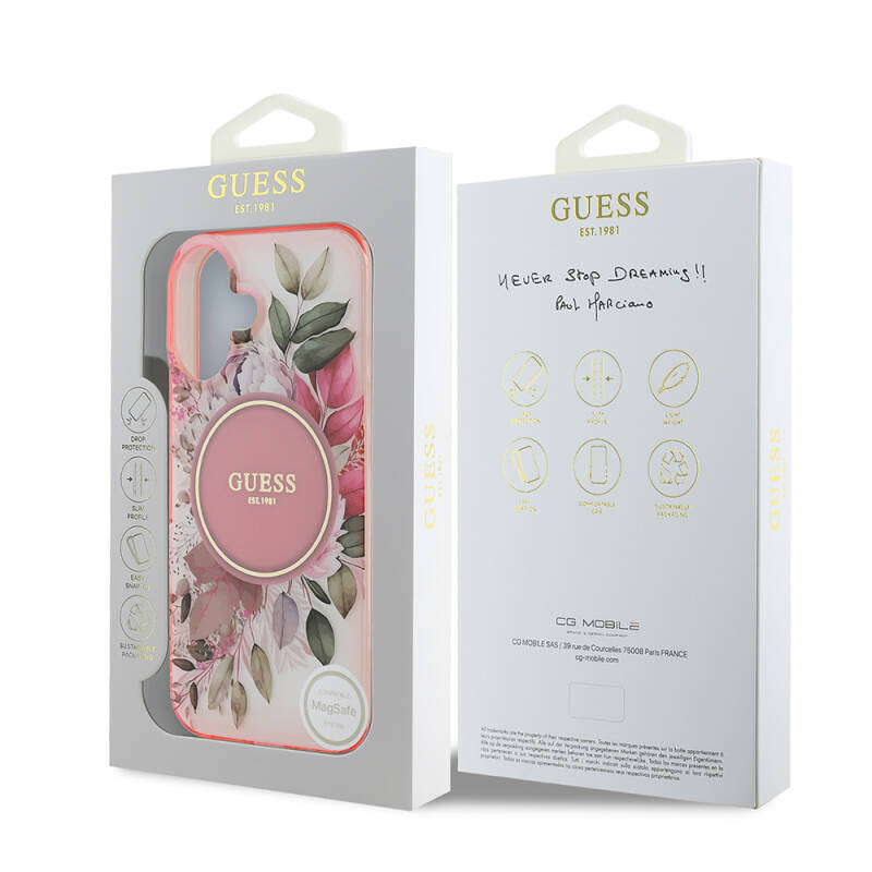 Apple iPhone 16 Guess Original Licensed Magsafe Charging Featured IML Printed Text Logo Flower Tonal Circle Cover - 17