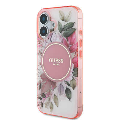 Apple iPhone 16 Guess Original Licensed Magsafe Charging Featured IML Printed Text Logo Flower Tonal Circle Cover - 11