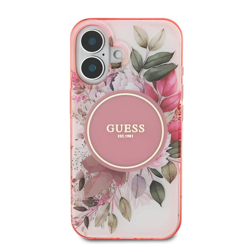 Apple iPhone 16 Guess Original Licensed Magsafe Charging Featured IML Printed Text Logo Flower Tonal Circle Cover - 12