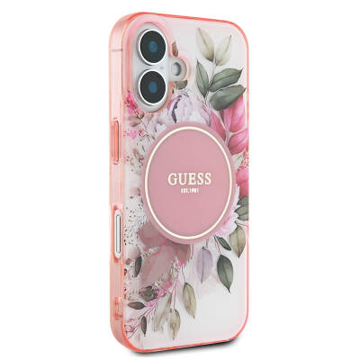 Apple iPhone 16 Guess Original Licensed Magsafe Charging Featured IML Printed Text Logo Flower Tonal Circle Cover - 13