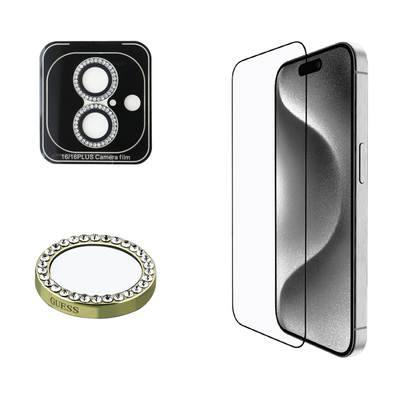 Apple iPhone 16 Guess Original Licensed Rhinestone Screen Protector + Lens Protector 2in1 Accessory Set - 1